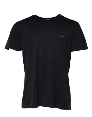 Dunkelblaues Baumwoll-Rundhals-T-Shirt mit Logo-Plakette