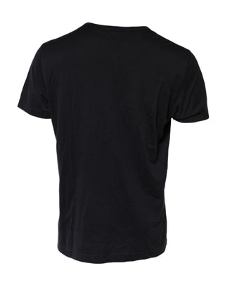 Dunkelblaues Baumwoll-Rundhals-T-Shirt mit Logo-Plakette