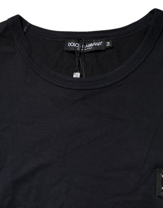 Dunkelblaues Baumwoll-Rundhals-T-Shirt mit Logo-Plakette