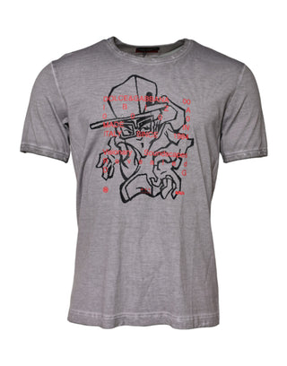 Camiseta gris de algodón con cuello redondo y estampado gráfico  