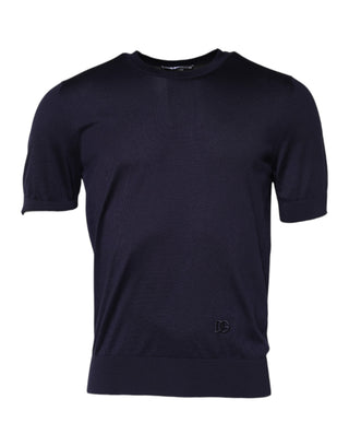 Dunkelblaues Seiden-T-Shirt mit Rundhalsausschnitt und kurzen Ärmeln
