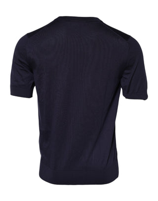 Dunkelblaues Seiden-T-Shirt mit Rundhalsausschnitt und kurzen Ärmeln