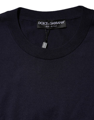Dunkelblaues Seiden-T-Shirt mit Rundhalsausschnitt und kurzen Ärmeln