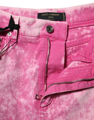 Pinke High-Waist-Jeans aus Denim im Tapered Fit mit Batikmuster