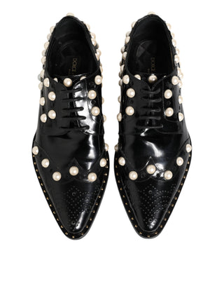 Black Leather Faux Pearl Dress Broque Shoes