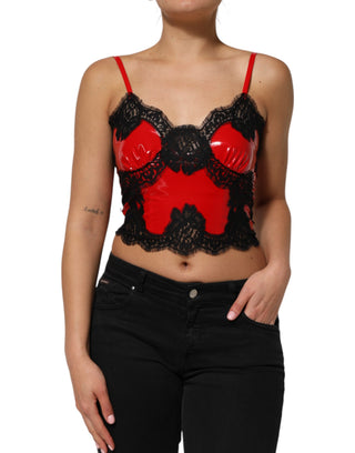 Top sin mangas de poliéster rojo y negro con encaje