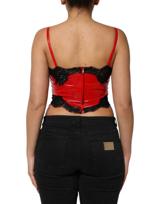 Top sin mangas de poliéster rojo y negro con encaje