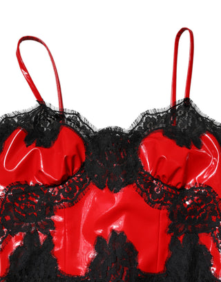 Top sin mangas de poliéster rojo y negro con encaje