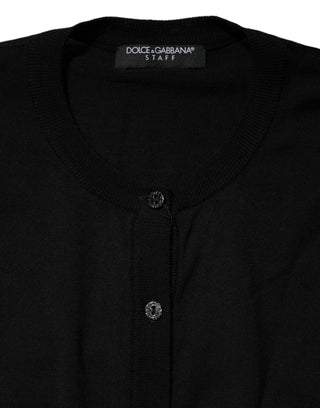 Black Wool Knit Round Neck Cardigan Sweater