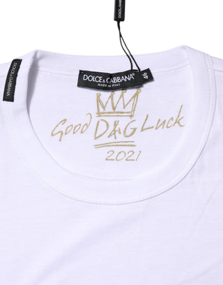 Weißes Baumwoll-T-Shirt mit Rundhalsausschnitt „Goodluck 2022“