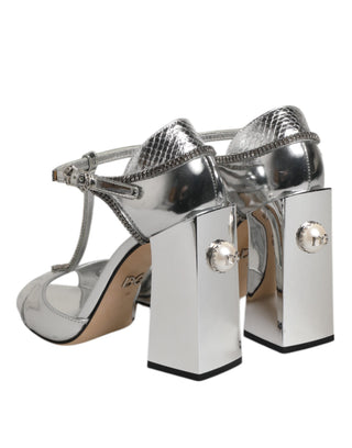 Silberne Leder T-Spangen Absätze Sandalen Schuhe
