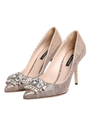 Zapatos de salón beige de cuero con cristales decorativos