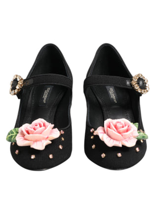Schwarze Mary-Jane-Schuhe mit Blumen-Kristallverzierung