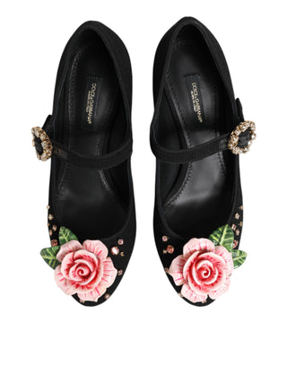 Schwarze Mary-Jane-Schuhe mit Blumen-Kristallverzierung