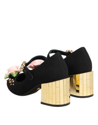 Schwarze Mary-Jane-Schuhe mit Blumen-Kristallverzierung