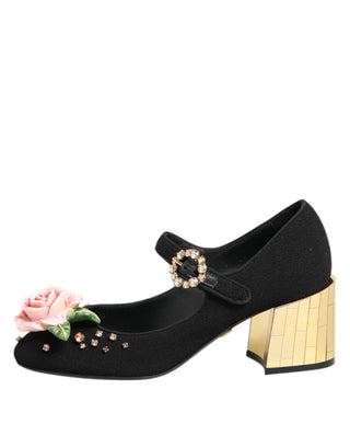 Schwarze Mary-Jane-Schuhe mit Blumen-Kristallverzierung