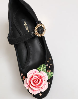 Schwarze Mary-Jane-Schuhe mit Blumen-Kristallverzierung