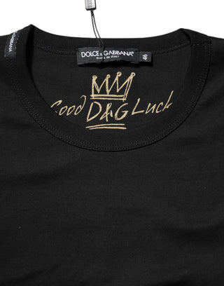 Schwarzes Baumwoll-Goodluck-T-Shirt mit Rundhalsausschnitt