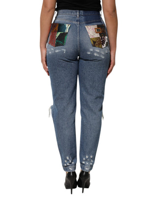Blaue zerrissene High-Waist Damen-Jeans