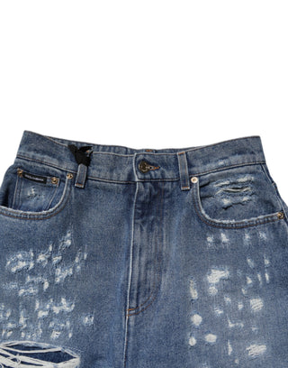 Blaue zerrissene High-Waist Damen-Jeans
