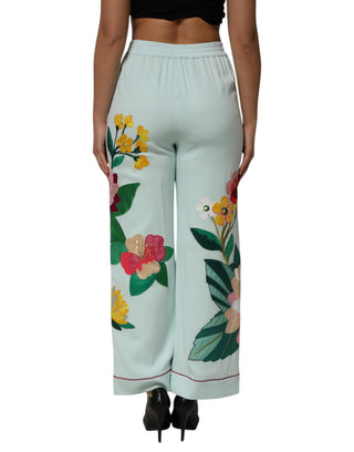 Pantalones pijama rectos verdes con estampado floral y liga  