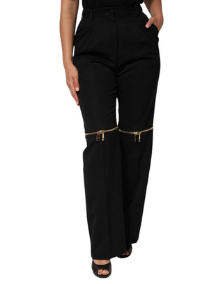 Pantalones rectos de lana negra con cremallera detallada  