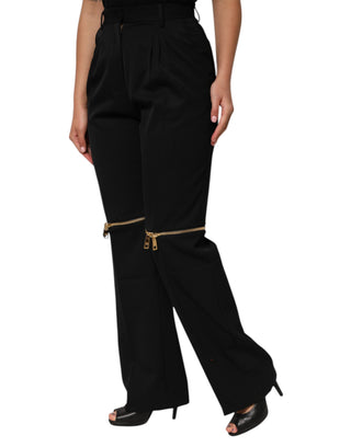 Pantalones rectos de lana negra con cremallera detallada  