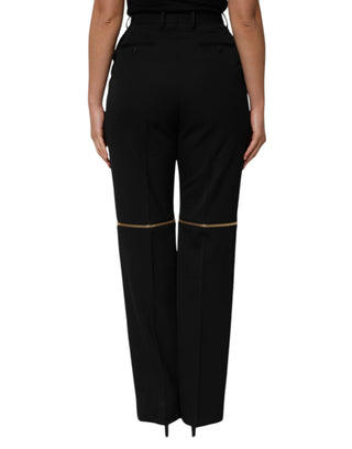 Pantalones rectos de lana negra con cremallera detallada  