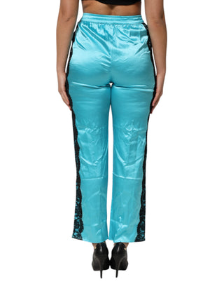 Blaue Seiden-Schlafhose für Damen, gerade geschnitten mit Gummizug