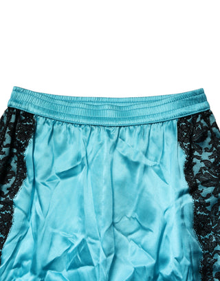Blaue Seiden-Schlafhose für Damen, gerade geschnitten mit Gummizug