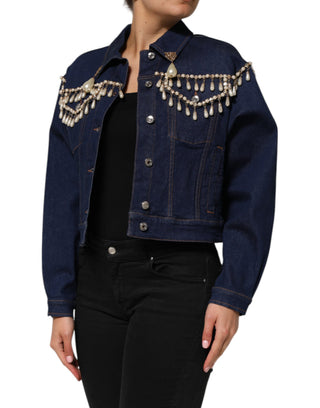Jeansjacke aus blauer Baumwolle mit Kristallverzierung