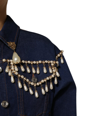 Jeansjacke aus blauer Baumwolle mit Kristallverzierung