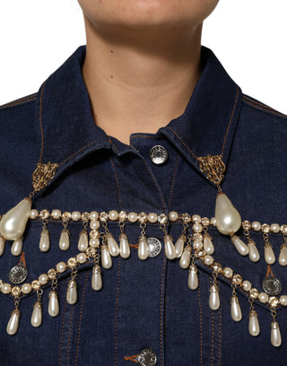 Jeansjacke aus blauer Baumwolle mit Kristallverzierung
