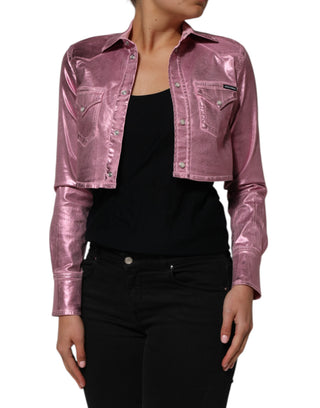 Chaqueta corta rosa de algodón elástico con cuello