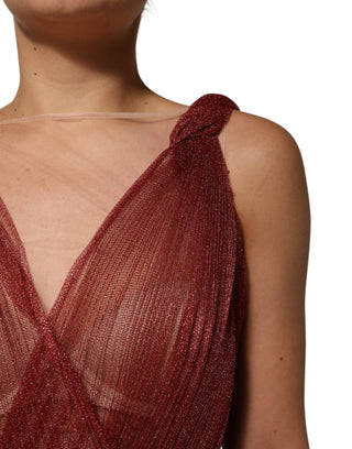 Burgundy Mesh Sleeveless Midi A-line Dress