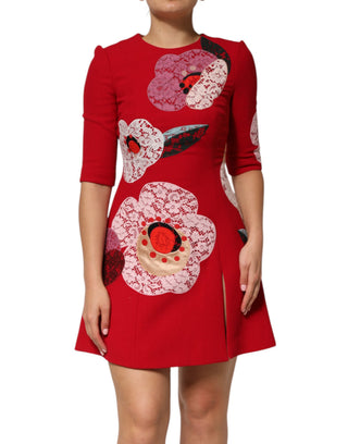 Rot gespitztes florales Applikations-A-Linien-Minikleid