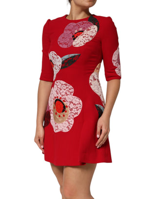 Rot gespitztes florales Applikations-A-Linien-Minikleid