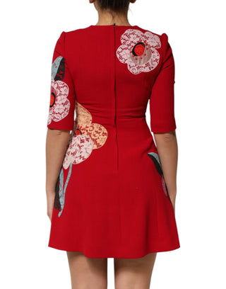 Rot gespitztes florales Applikations-A-Linien-Minikleid
