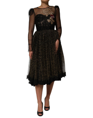 Schwarzes A-Linien-Kleid mit Herz-Applikation aus schwarzen Kristallen