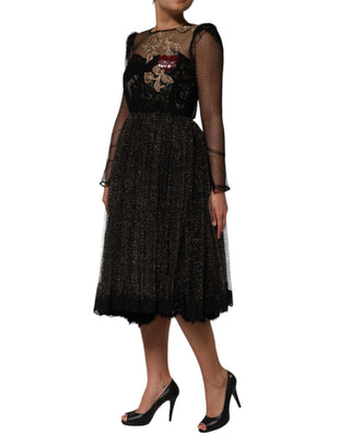 Schwarzes A-Linien-Kleid mit Herz-Applikation aus schwarzen Kristallen