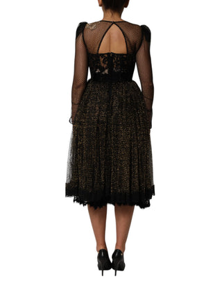 Schwarzes A-Linien-Kleid mit Herz-Applikation aus schwarzen Kristallen