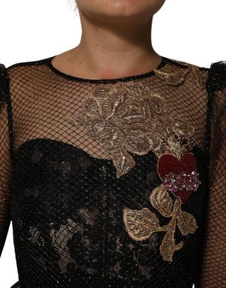 Schwarzes A-Linien-Kleid mit Herz-Applikation aus schwarzen Kristallen