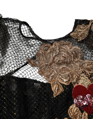 Schwarzes A-Linien-Kleid mit Herz-Applikation aus schwarzen Kristallen