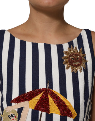 Blue White Striped Embroidered A-line Dress
