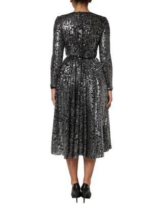 Schwarzes Pailletten-Midi-A-Linien-Kleid mit langen Ärmeln