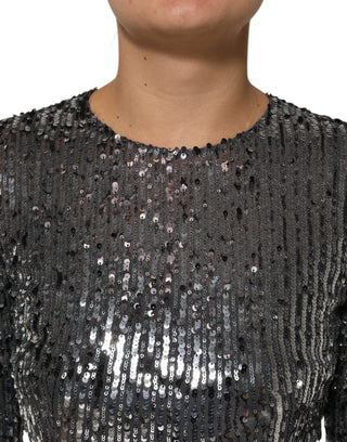 Schwarzes Pailletten-Midi-A-Linien-Kleid mit langen Ärmeln
