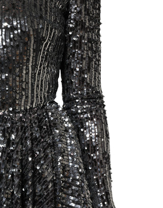 Schwarzes Pailletten-Midi-A-Linien-Kleid mit langen Ärmeln