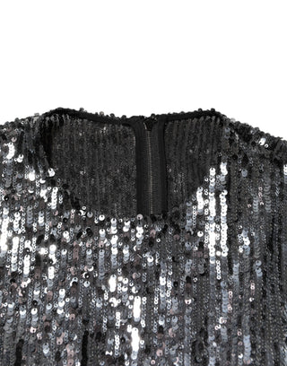 Schwarzes Pailletten-Midi-A-Linien-Kleid mit langen Ärmeln