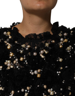 Vestido tipo shift negro de viscosa con adornos de perlas