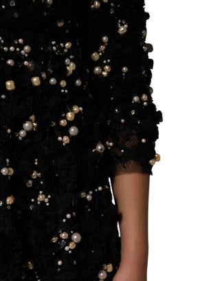 Vestido tipo shift negro de viscosa con adornos de perlas